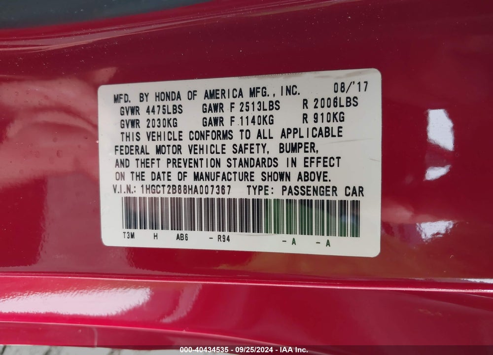 2017 HONDA ACCORD EX-L V6 VIN: 1HGCT2B88HA007367