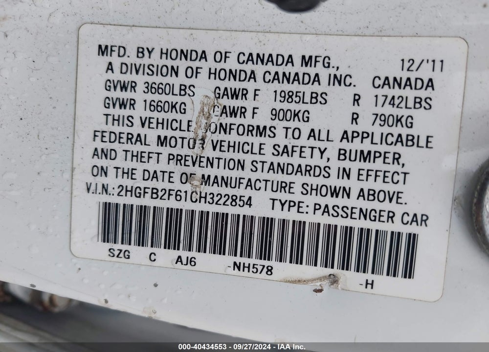 2012 HONDA CIVIC HF VIN: 2HGFB2F61CH322854