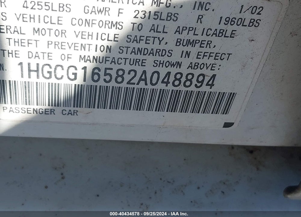 2002 HONDA ACCORD 3.0 EX VIN: 1HGCG16582A048894