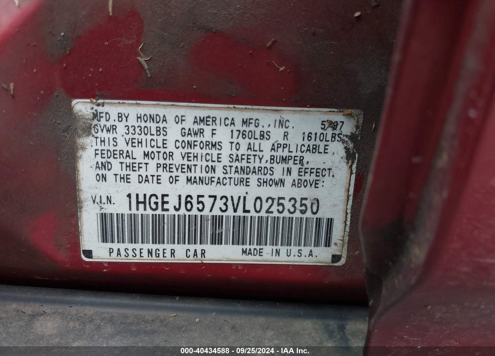 1997 HONDA CIVIC LX VIN: 1HGEJ6573VL025350