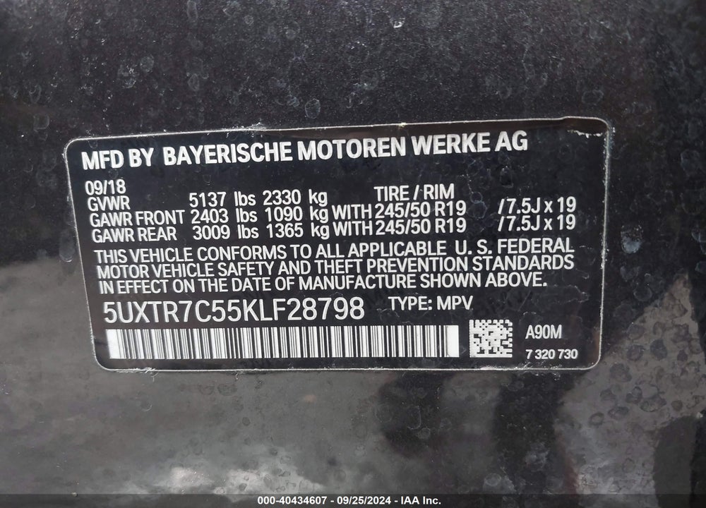 2019 BMW X3 SDRIVE30I VIN: 5UXTR7C55KLF28798