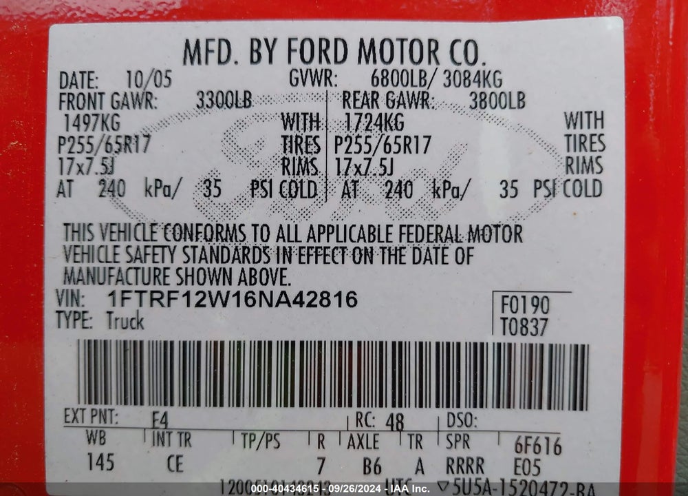 2006 FORD F150 VIN: 1FTRF12W16NA42816