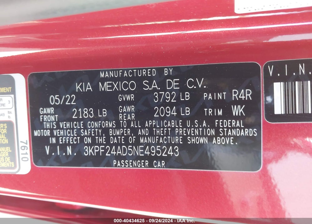2022 KIA FORTE LXS VIN: 3KPF24AD5NE495243