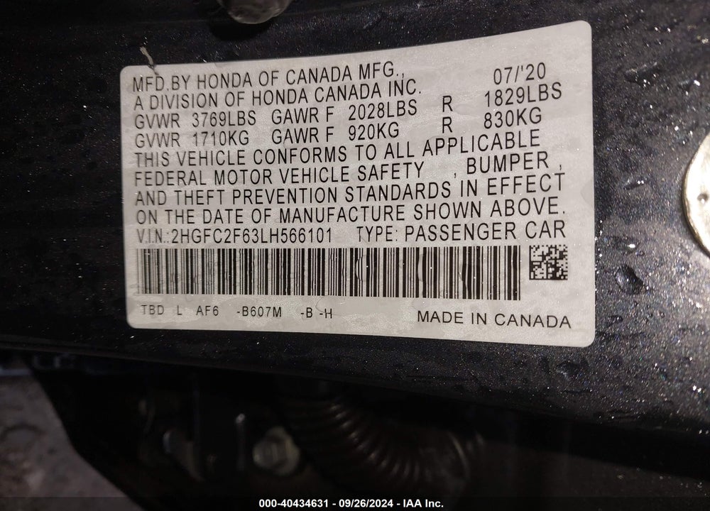 2020 HONDA CIVIC VIN: 2HGFC2F63LH566101