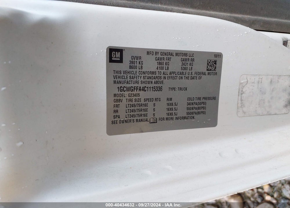 2012 CHEVROLET EXPRESS 2500 WORK VAN VIN: 1GCWGFFA4C1115336