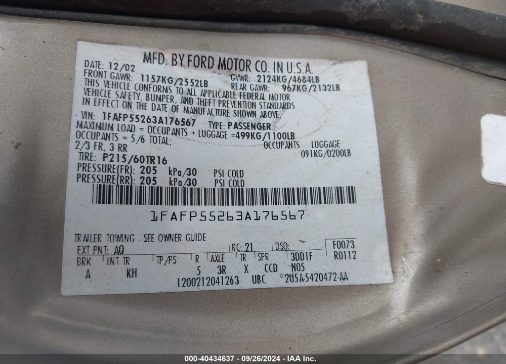 2003 FORD TAURUS SES VIN: 1FAFP55263A176567