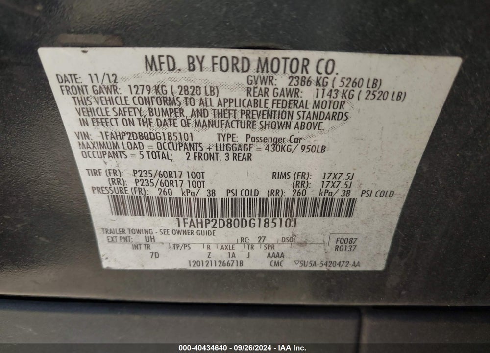 2013 FORD TAURUS SE VIN: 1FAHP2D80DG185101