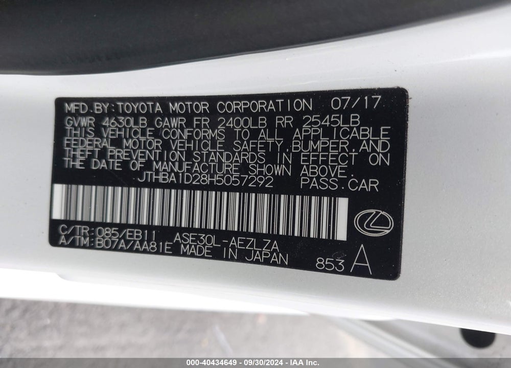 2017 LEXUS IS 200T VIN: JTHBA1D28H5057292