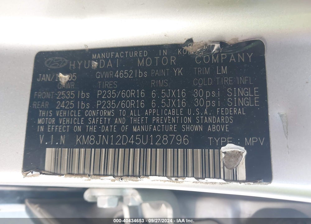 2005 HYUNDAI TUCSON VIN: KM8JN12D45U128796