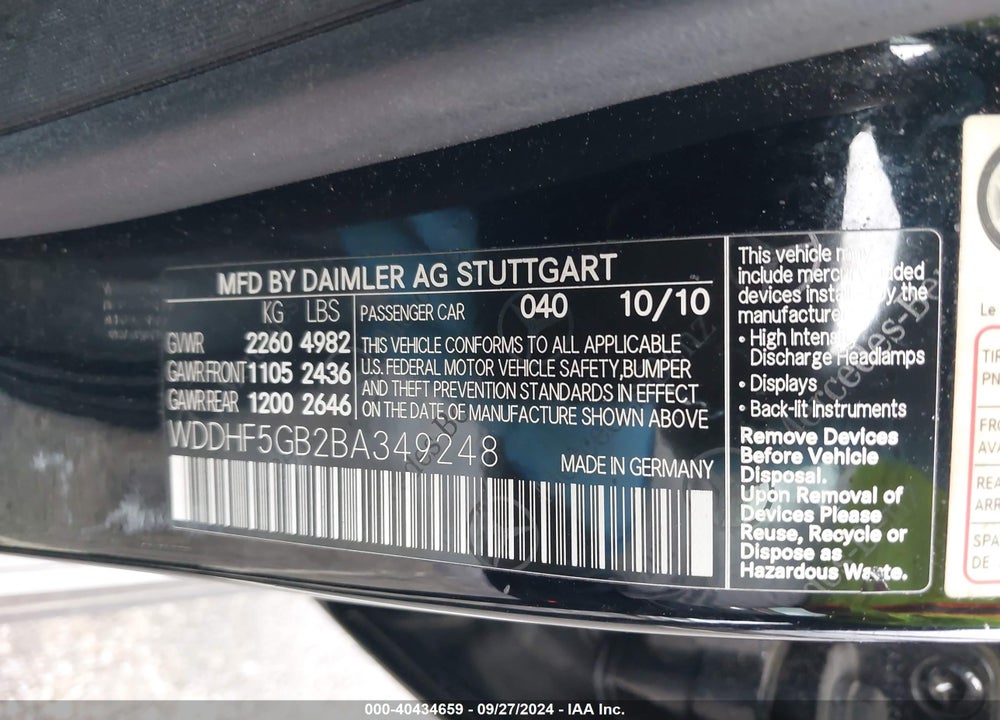 2011 MERCEDES-BENZ E 350 VIN: WDDHF5GB2BA349248