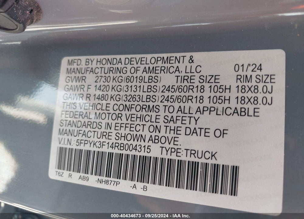 2024 HONDA RIDGELINE SPORT VIN: 5FPYK3F14RB004315