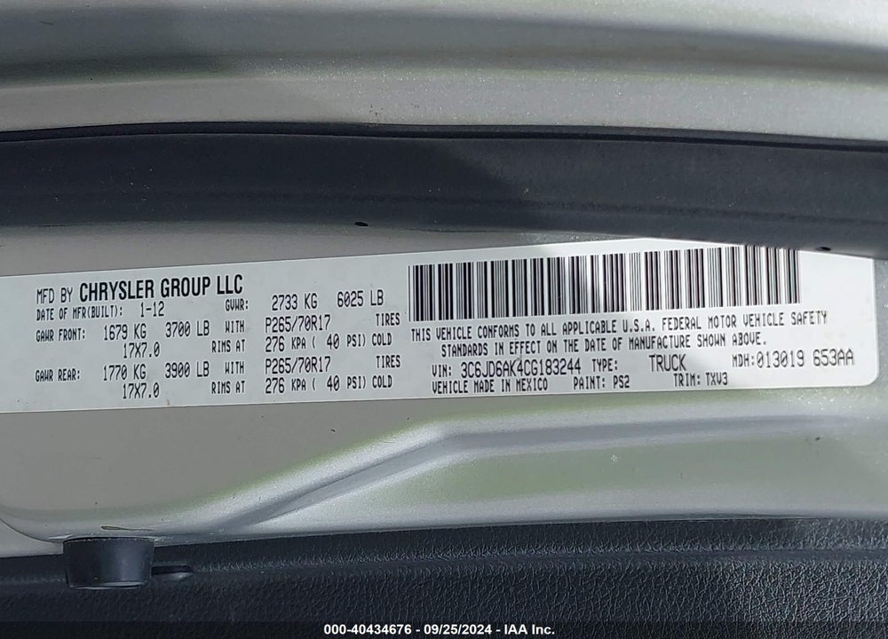 2012 RAM 1500 ST VIN: 3C6JD6AK4CG183244