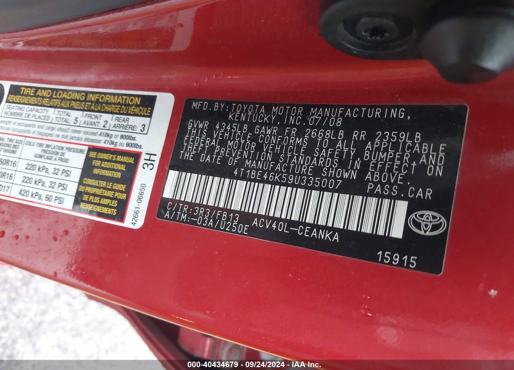 2009 TOYOTA CAMRY LE VIN: 4T1BE46K59U335007