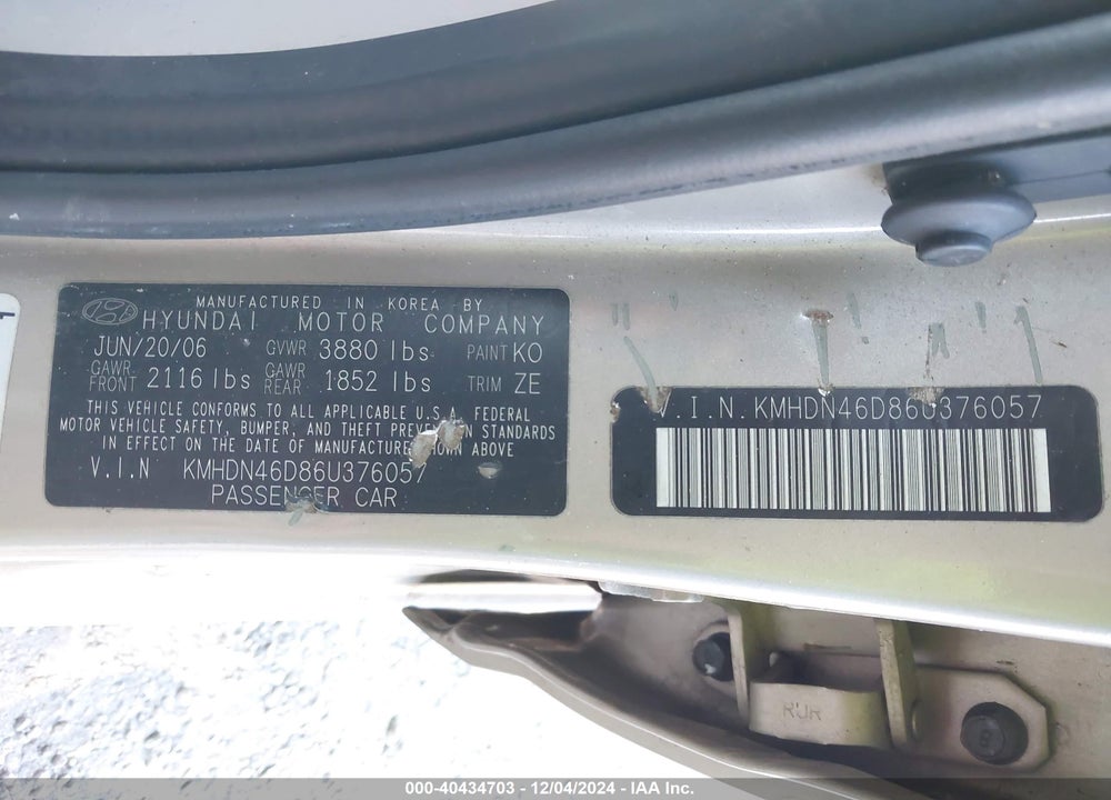 2006 HYUNDAI ELANTRA GLS/LIMITED VIN: KMHDN46D86U376057