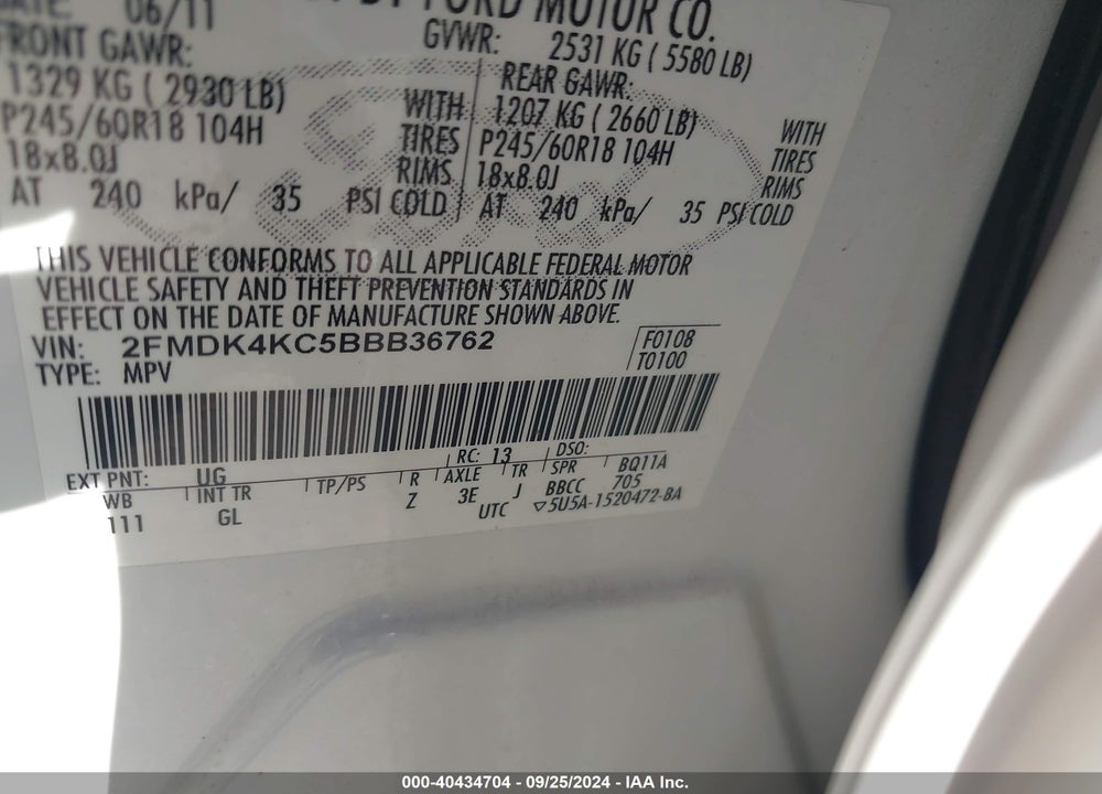 2011 FORD EDGE LIMITED VIN: 2FMDK4KC5BBB36762