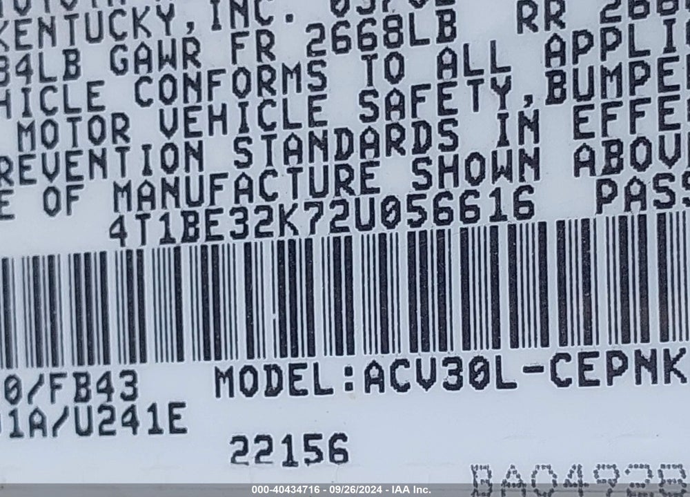 2002 TOYOTA CAMRY LE VIN: 4T1BE32K72U056616