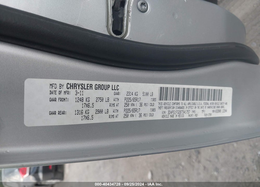 2011 DODGE JOURNEY MAINSTREET VIN: 3D4PG1FG2BT541757