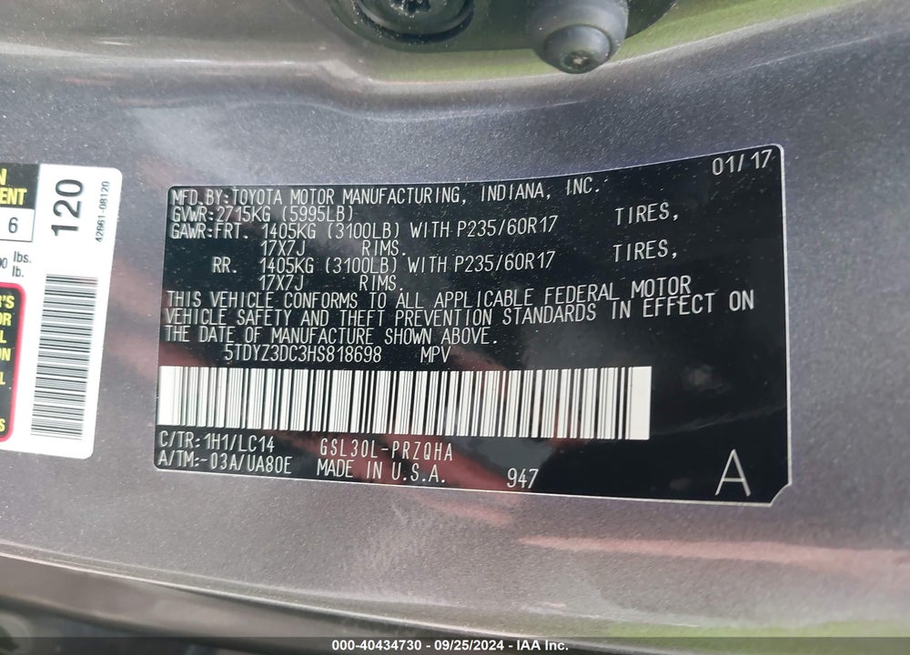 2017 TOYOTA SIENNA XLE 8 PASSENGER VIN: 5TDYZ3DC3HS818698