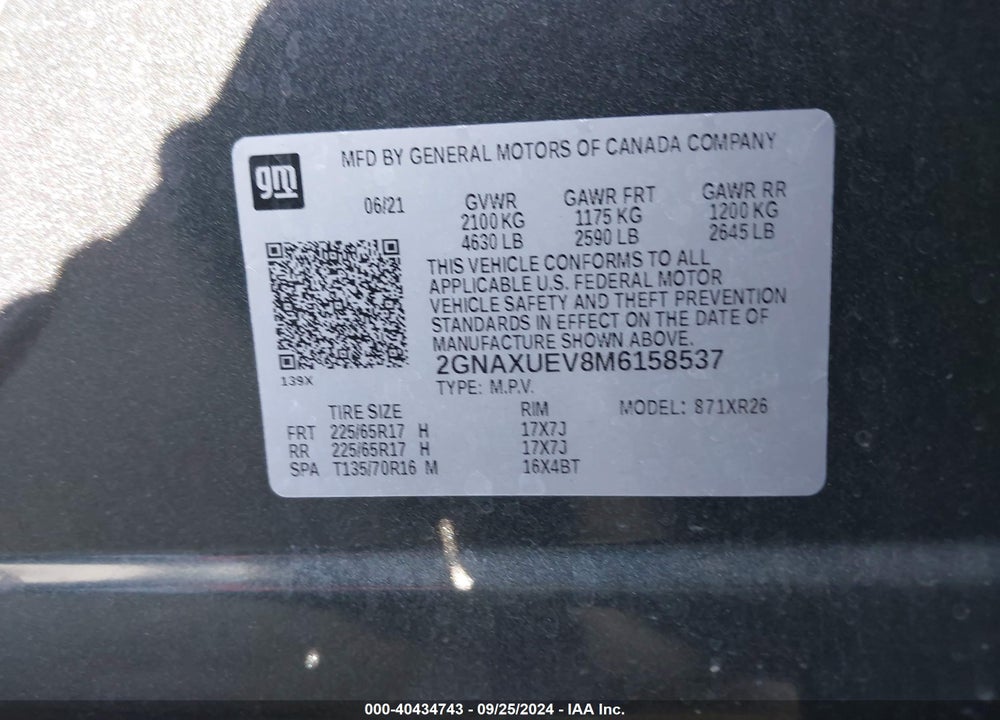 2021 CHEVROLET EQUINOX AWD LT VIN: 2GNAXUEV8M6158537
