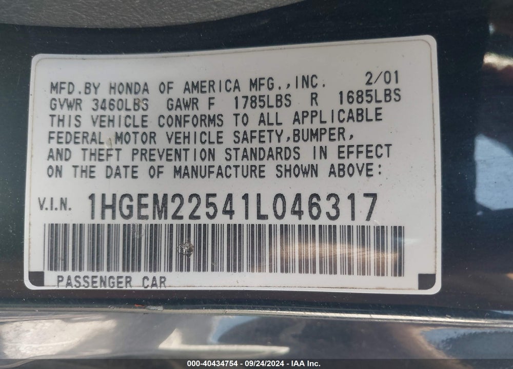 2001 HONDA CIVIC LX VIN: 1HGEM22541L046317