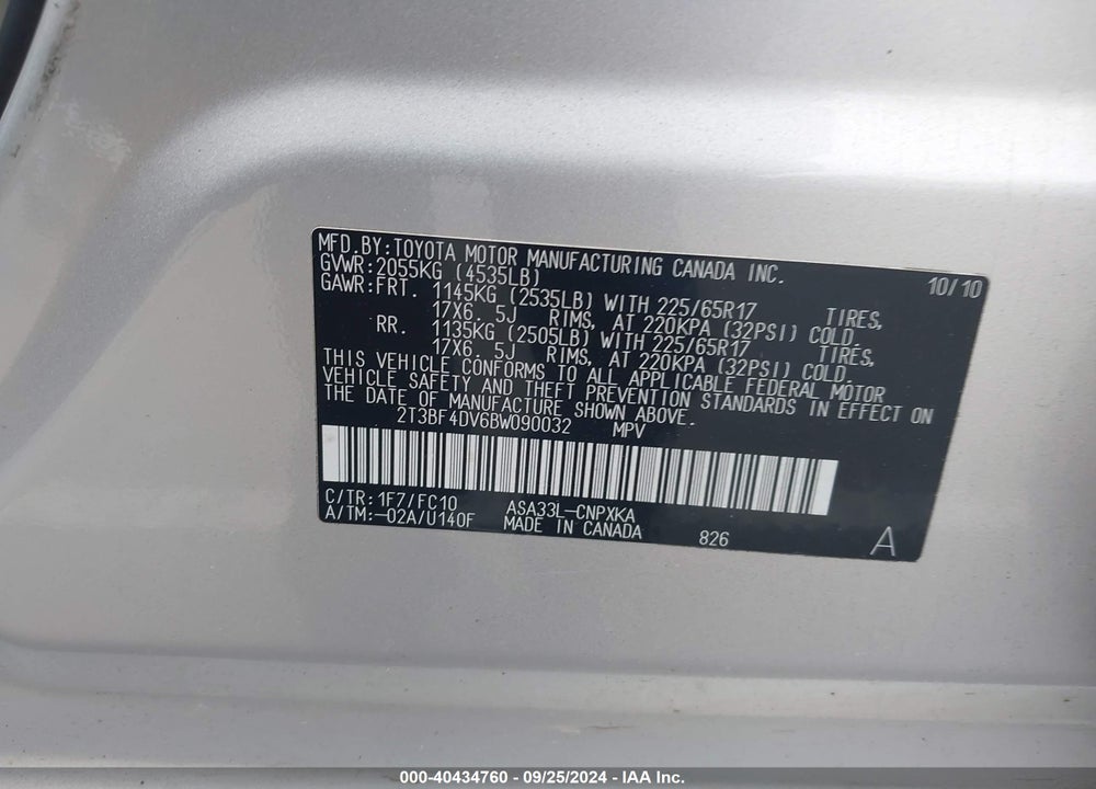 2011 TOYOTA RAV4 VIN: 2T3BF4DV6BW090032