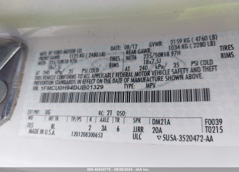 2013 FORD ESCAPE SEL VIN: 1FMCU0H94DUB01329