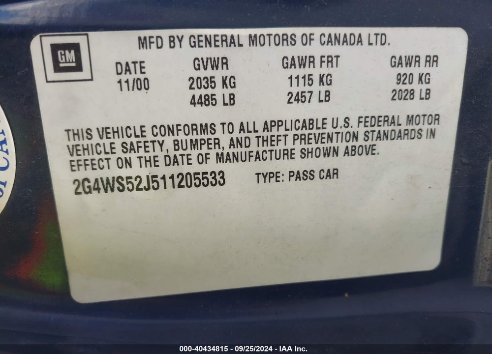 2001 BUICK CENTURY CUSTOM VIN: 2G4WS52J511205533