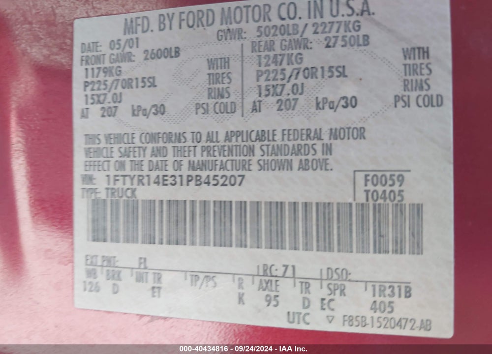 2001 FORD RANGER EDGE/XLT VIN: 1FTYR14E31PB45207