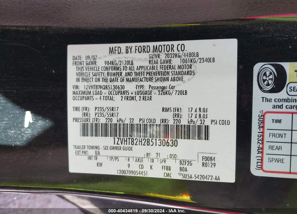 2008 FORD MUSTANG VIN: 1ZVHT82H285130630