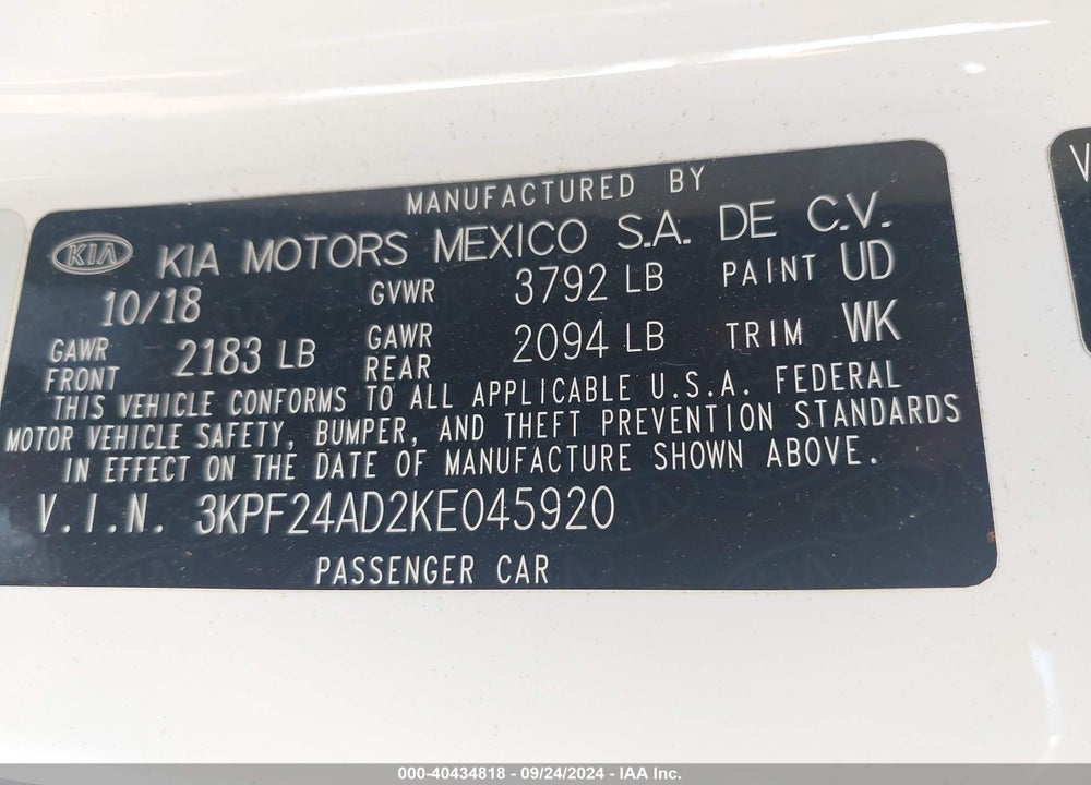 2019 KIA FORTE LXS VIN: 3KPF24AD2KE045920