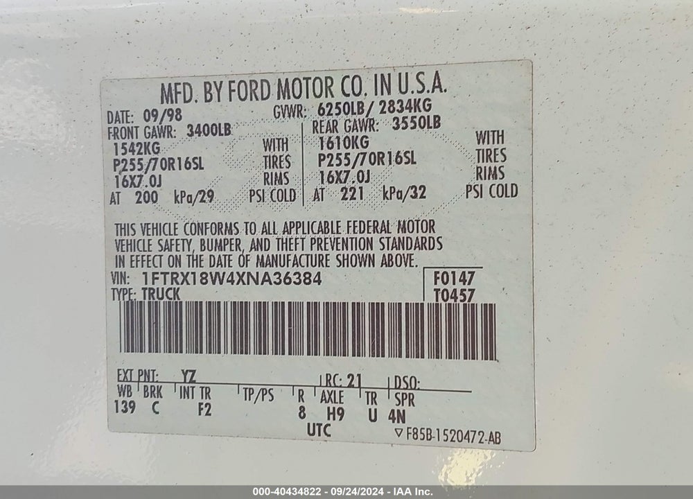 1999 FORD F-150 LARIAT/WORK SERIES/XL/XLT VIN: 1FTRX18W4XNA36384