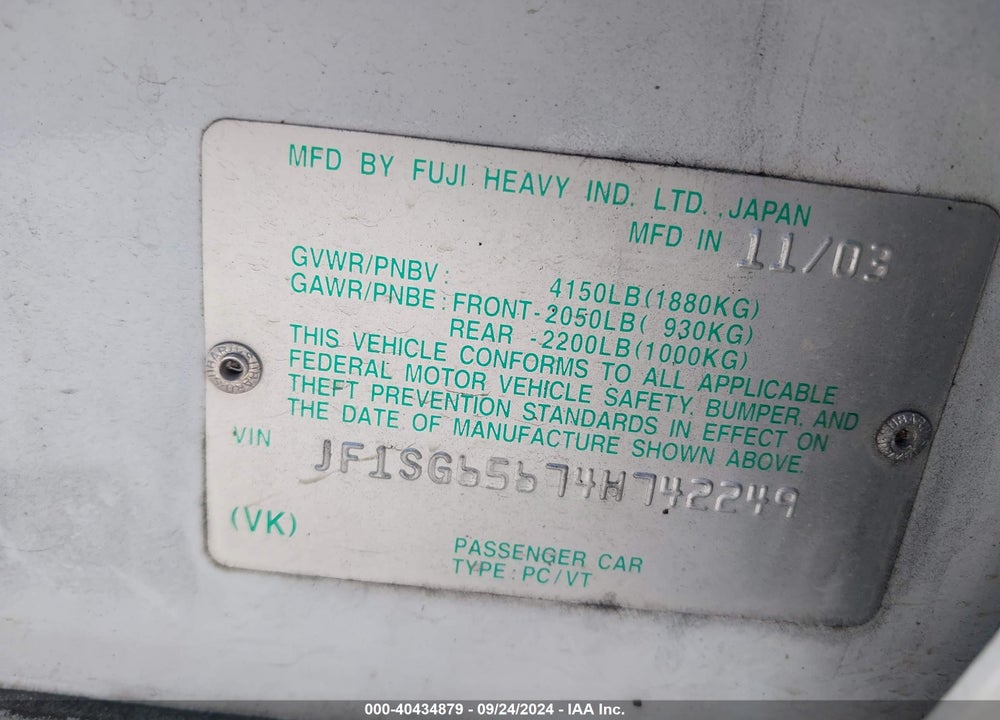 2004 SUBARU FORESTER 2.5XS VIN: JF1SG65674H742249