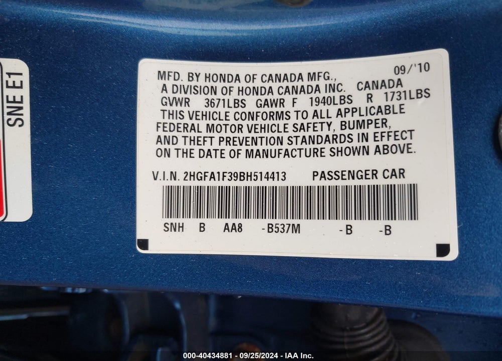 2011 HONDA CIVIC VP VIN: 2HGFA1F39BH514413