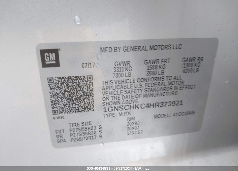 2017 CHEVROLET SUBURBAN LT VIN: 1GNSCHKC4HR373921