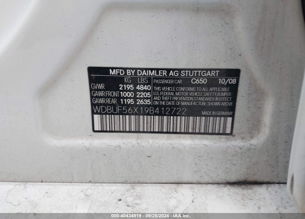 2009 MERCEDES-BENZ E 350 VIN: WDBUF56X19B412722