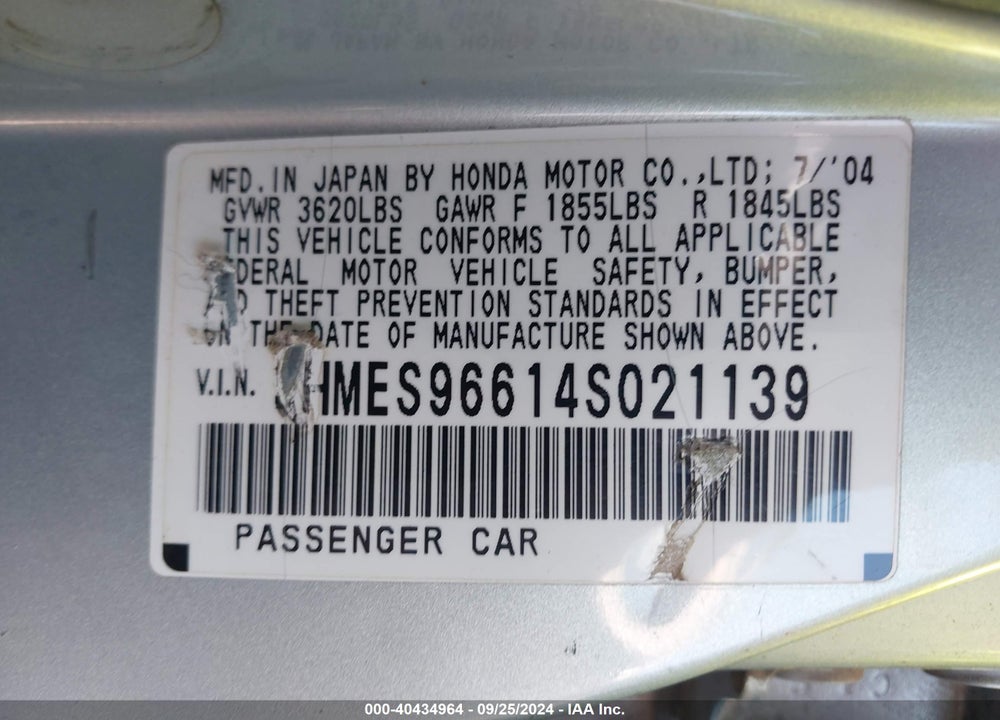 2004 HONDA CIVIC HYBRID VIN: JHMES96614S021139