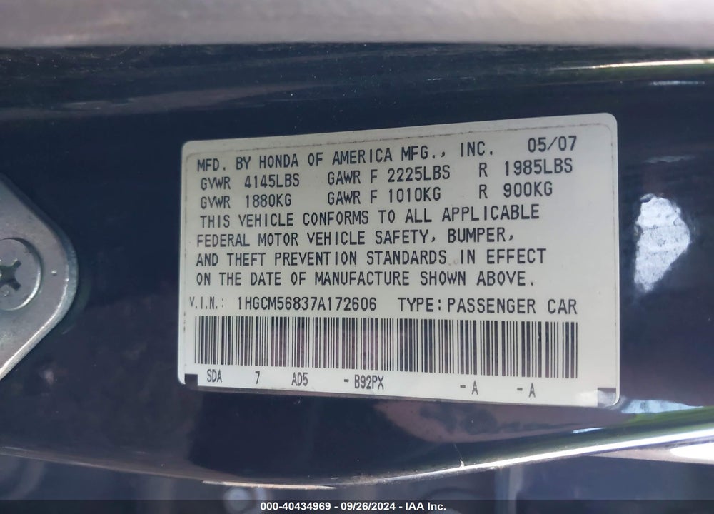 2007 HONDA ACCORD 2.4 EX VIN: 1HGCM56837A172606