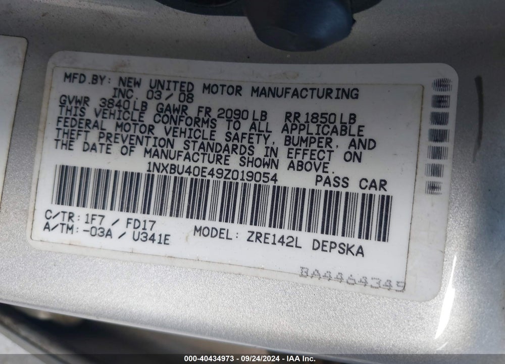 2009 TOYOTA COROLLA S VIN: 1NXBU40E49Z019054