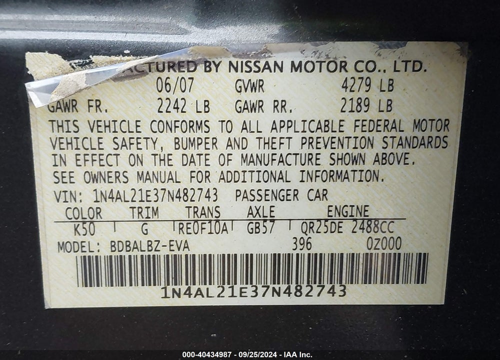 2007 NISSAN ALTIMA 2.5 S VIN: 1N4AL21E37N482743
