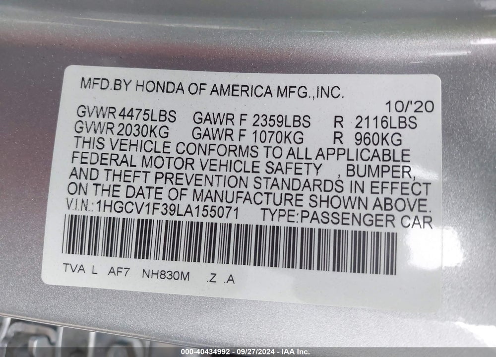 2020 HONDA ACCORD SPORT VIN: 1HGCV1F39LA155071