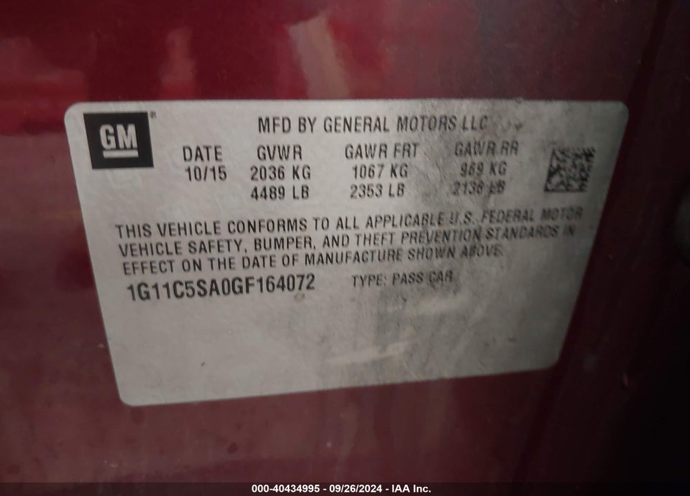 2016 CHEVROLET MALIBU LIMITED LT VIN: 1G11C5SA0GF164072