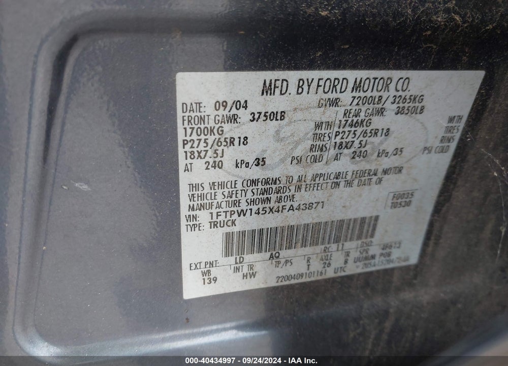 2004 FORD F-150 FX4/LARIAT/XLT VIN: 1FTPW145X4FA43871