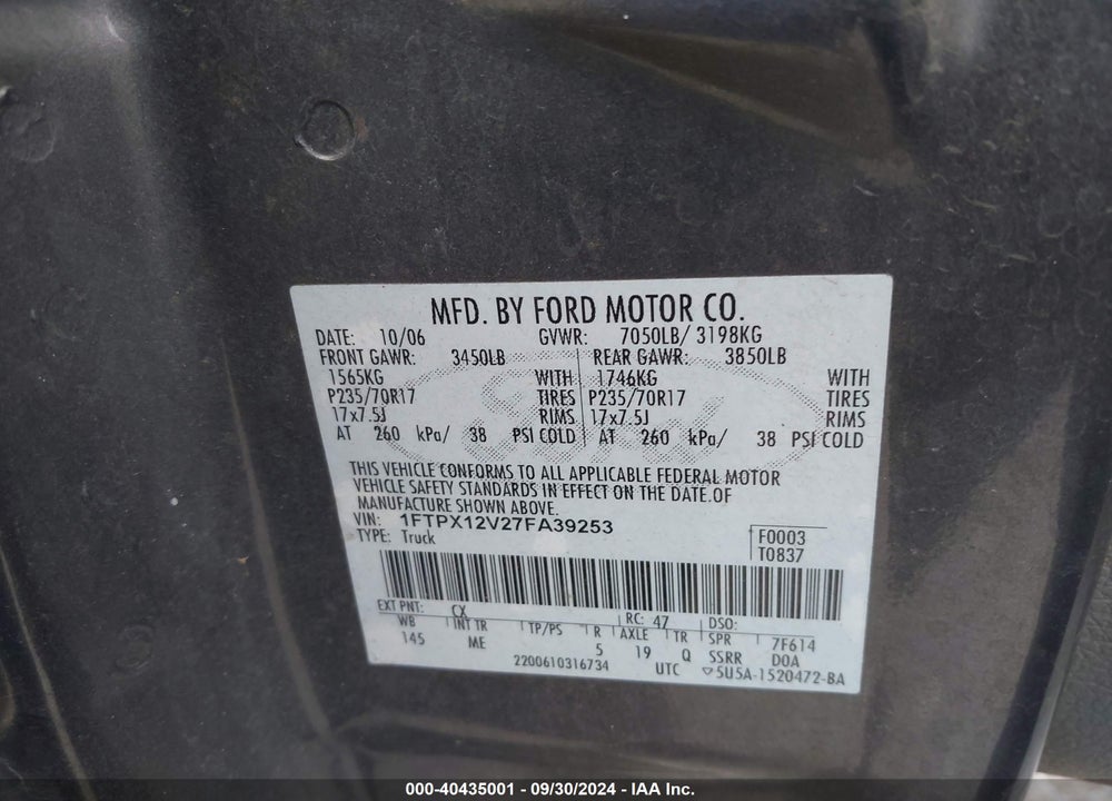 2007 FORD F-150 LARIAT/STX/XL/XLT VIN: 1FTPX12V27FA39253