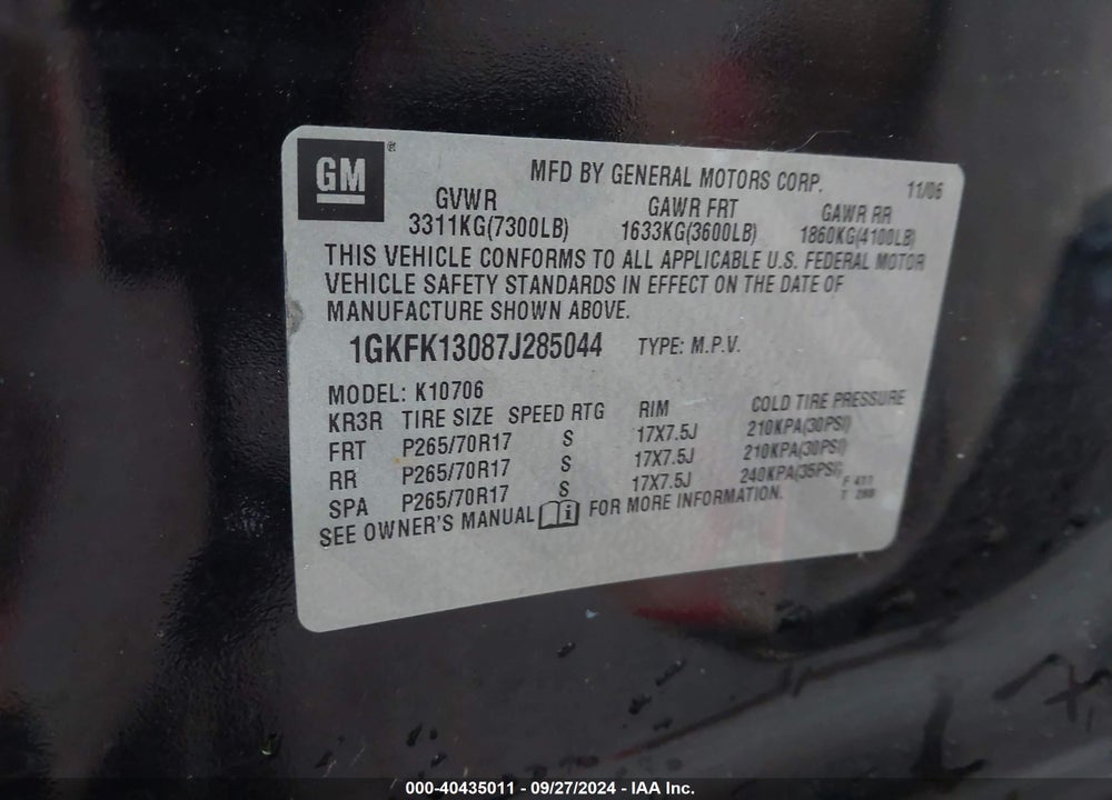 2007 GMC YUKON COMMERCIAL FLEET VIN: 1GKFK13087J285044