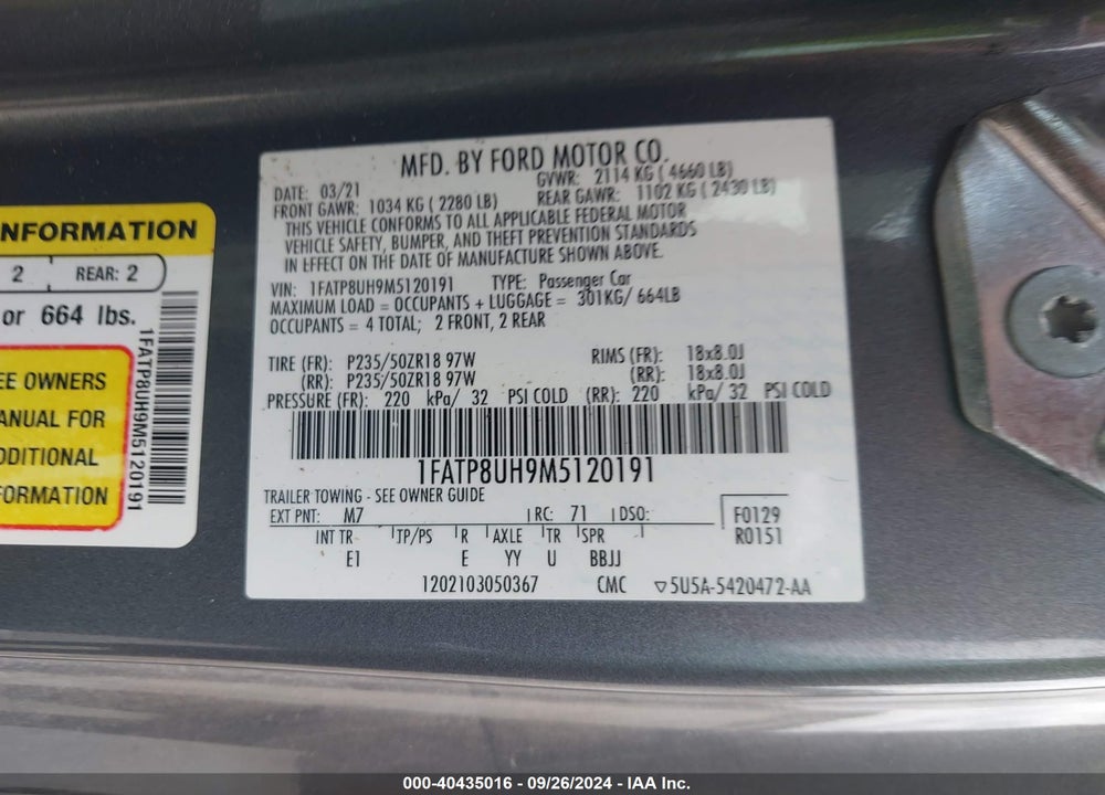 2021 FORD MUSTANG ECOBOOST PREMIUM VIN: 1FATP8UH9M5120191