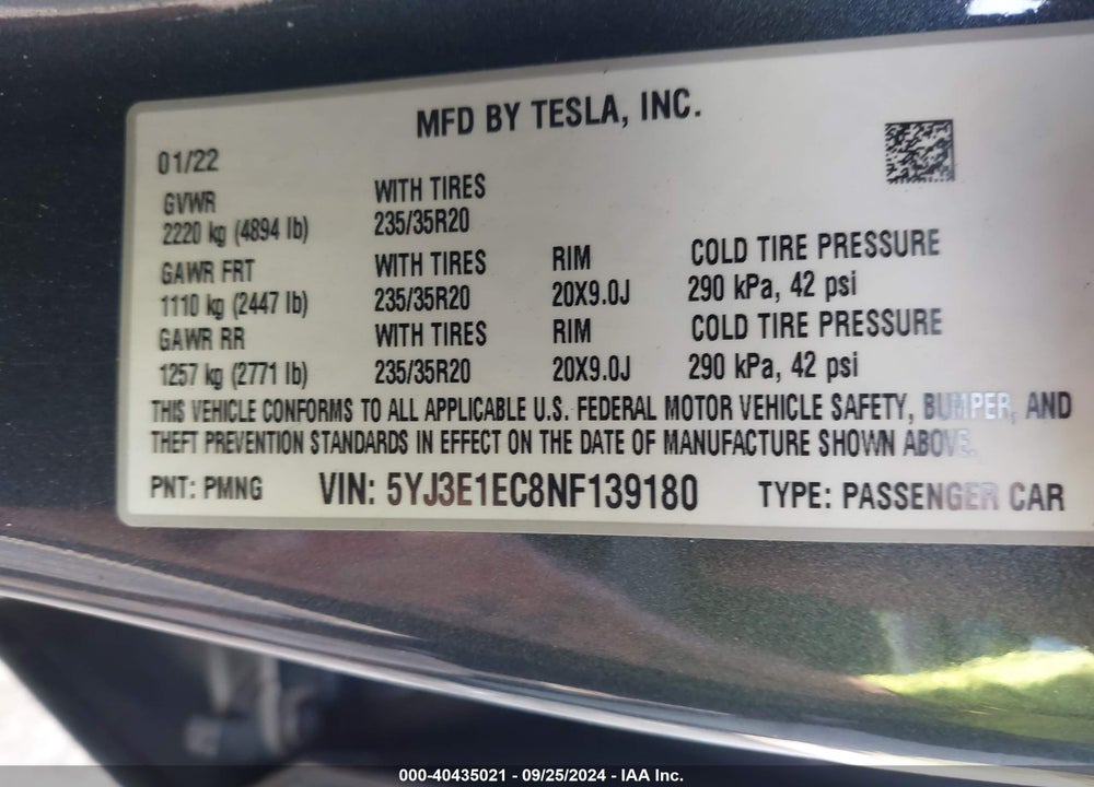 2022 TESLA MODEL 3 PERFORMANCE DUAL MOTOR ALL-WHEEL DRIVE VIN: 5YJ3E1EC8NF139180