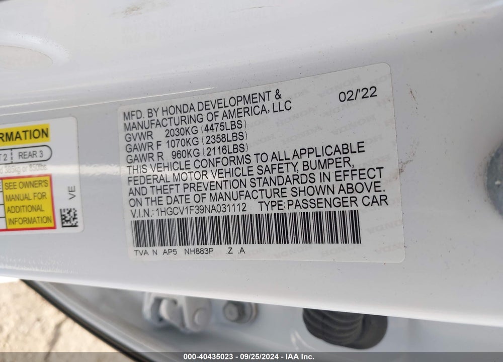 2022 HONDA ACCORD SPORT VIN: 1HGCV1F39NA031112