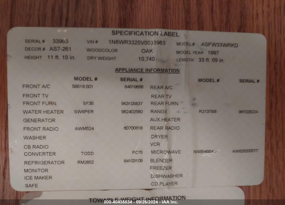1997 NEWMAR OTHER VIN: 1N8WR3320V0033963