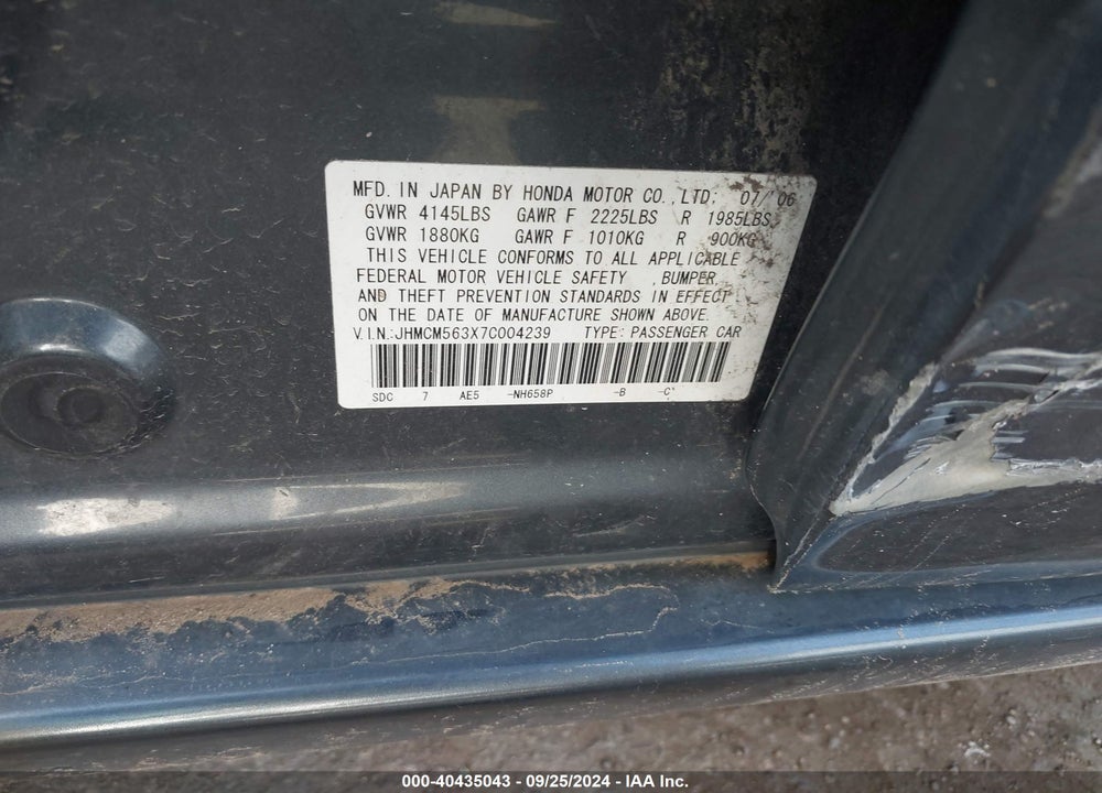 2007 HONDA ACCORD 2.4 SE VIN: JHMCM563X7C004239
