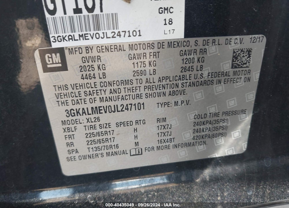 2018 GMC TERRAIN SLE VIN: 3GKALMEV0JL247101